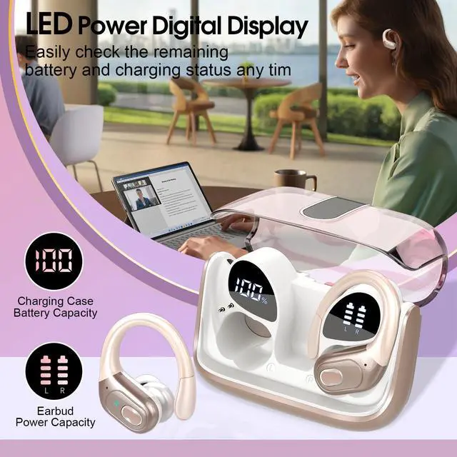 Alt view image 5 of 5 - 3 Sets Wireless Earbuds Sport, Bluetooth 5.4 Over Ear Buds Stereo Deep Bass Over Ear Bud with Earhooks, 75H Wireless Earphones with Mic, IPX7 Waterproof Earphone for Sports Blue+Rose Gold+white