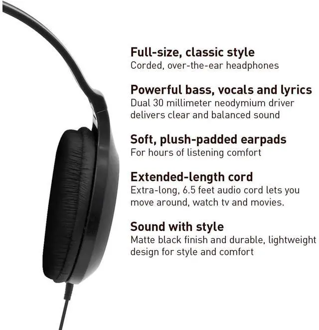 Alt view image 3 of 5 - Panasonic Headphones, Lightweight Over the Ear Wired Headphones with Clear Sound and XBS for Extra Bass, Long Cord, 3.5mm Jack for Phones and Laptops - RP-HT161-K (Black)