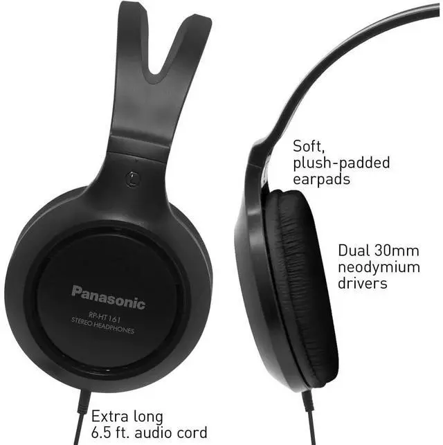 Alt view image 4 of 5 - Panasonic Headphones, Lightweight Over the Ear Wired Headphones with Clear Sound and XBS for Extra Bass, Long Cord, 3.5mm Jack for Phones and Laptops - RP-HT161-K (Black)