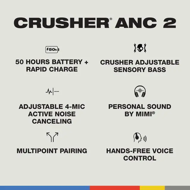 Alt view image 4 of 5 - Skullcandy Crusher ANC 2 Wireless Over-Ear Bluetooth Headphones with Multi-Sensory Bass and Charging Cable, Active Noise Cancelling, Up to 60 Hours Battery, Microphone for iPhone Android - True Black