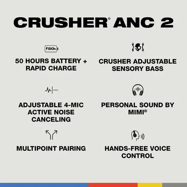 Alt view image 4 of 5 - Skullcandy Crusher ANC 2 Wireless Over-Ear Bluetooth Headphones with Multi-Sensory Bass and Charging Cable, Active Noise Cancelling, Up to 60 Hours Battery, Microphone for iPhone Android - Bone