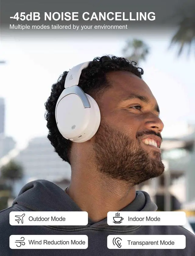 Alt view image 3 of 5 - Edifier W830NB -45dB ANC Wireless Over Ear Headphones with Bluetooth 5.4, 94H Playtime, AAC & LDAC Codec, Hi-Res, Spatial Audio, Fast Charging, Multipoint Connection, 267g Comfortable Fit, White