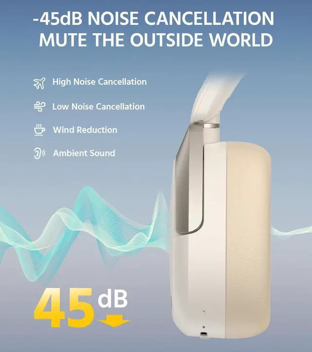 Alt view image 3 of 4 - Edifier W830NB Wireless Over Ear Headphones with -45dB Active Noise Cancelling, 94H Playtime, LDAC Hi-Res Sound, Spatial Audio, Fast Charging, Multipoint Connection, Bluetooth V5.4 - Ivory