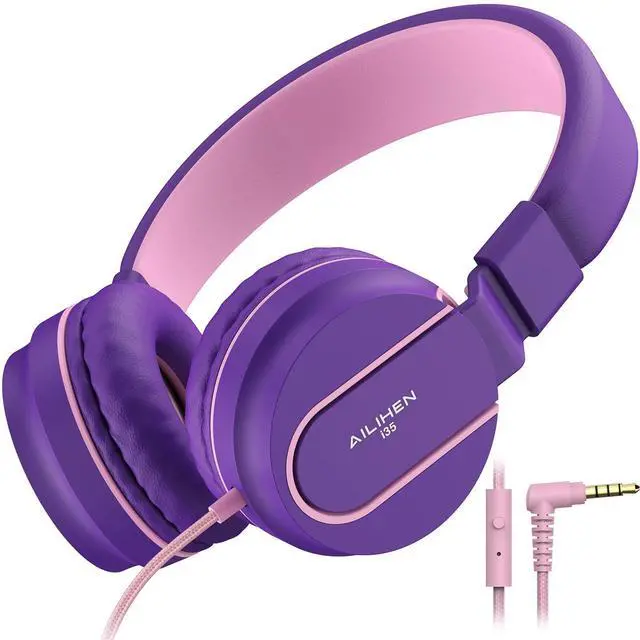 Main image of Kids Headphones, AILIHEN I35 On-Ear Headphones for School, Safe Volume 93dB, HD Mic Stereo Headphone for Kid Girls Children, Foldable Wired 3.5mm for Chromebook, Laptop, Computer, Tablet (Pink Purple)