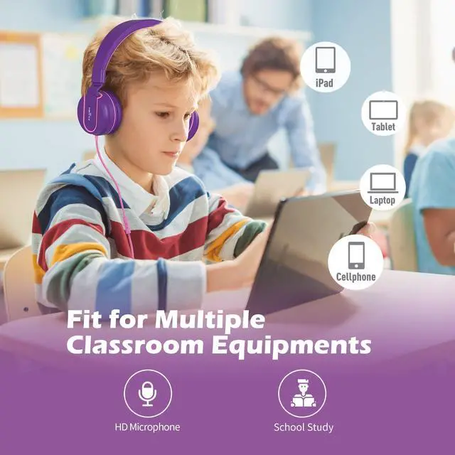 Alt view image 4 of 5 - Kids Headphones, AILIHEN I35 On-Ear Headphones for School, Safe Volume 93dB, HD Mic Stereo Headphone for Kid Girls Children, Foldable Wired 3.5mm for Chromebook, Laptop, Computer, Tablet (Pink Purple)