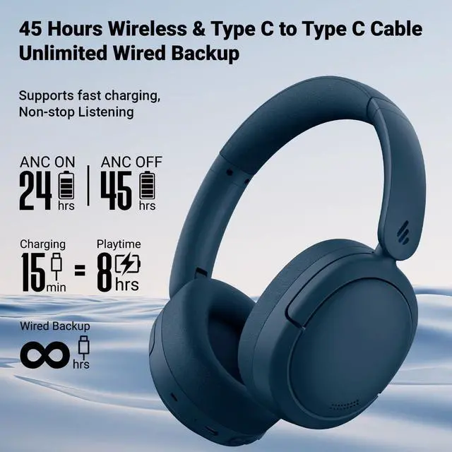 Alt view image 5 of 5 - Edifier V80 Hybrid Active Noise Cancelling Headphones, True Wireless Over Ear Bluetooth Headset with 45H Playtime Hi-Res Audio Fast Charging Multipoint Connection for Travel Home Office (Navy)
