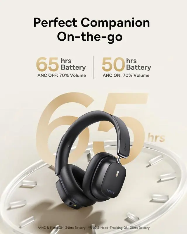 Alt view image 5 of 5 - Baseus Bowie 30 Max Active Noise Cancelling Headphones, Head Tracking Spatial Audio, LDAC Hi-Res Wireless Sound, 65H Playtime, Comfort Fit, Clear Calls, App Control, Bluetooth 5.4 Headphones Over Ear