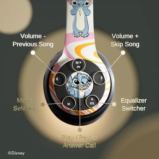 Alt view image 5 of 5 - Disney Stitch Fun Waves Bluetooth Over-Ear Headphones, Wireless Foldable Headset with Built-in Microphone - Stitch Fun Waves Design, for Adults and Kids, Comfortable Auriculares