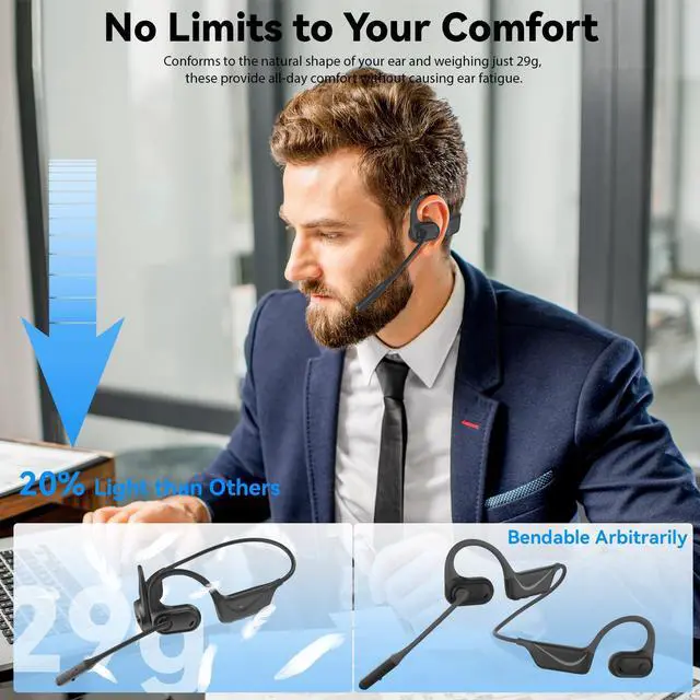 Alt view image 2 of 5 - MONODEAL Open Ear Headphones with Mic, Lightweight Bluetooth 5.4 Headset with Microphone Noise Cancelling Mute Button, Wireless Headset Earphones for Work, Driving, Home Office, Workouts