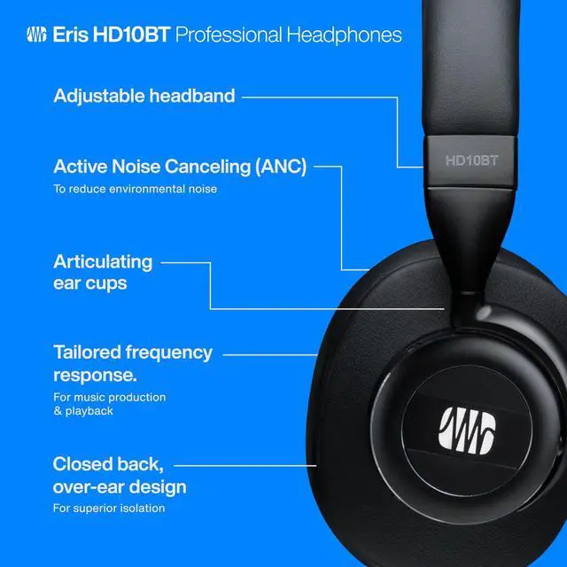 Alt view image 3 of 5 - PreSonus Eris HD10BT Professional Headphones with Active Noise Canceling and Bluetooth -- Closed-Back, Over-Ear Wireless ANC Studio Recording Headphones for Professional Mixing and Monitoring