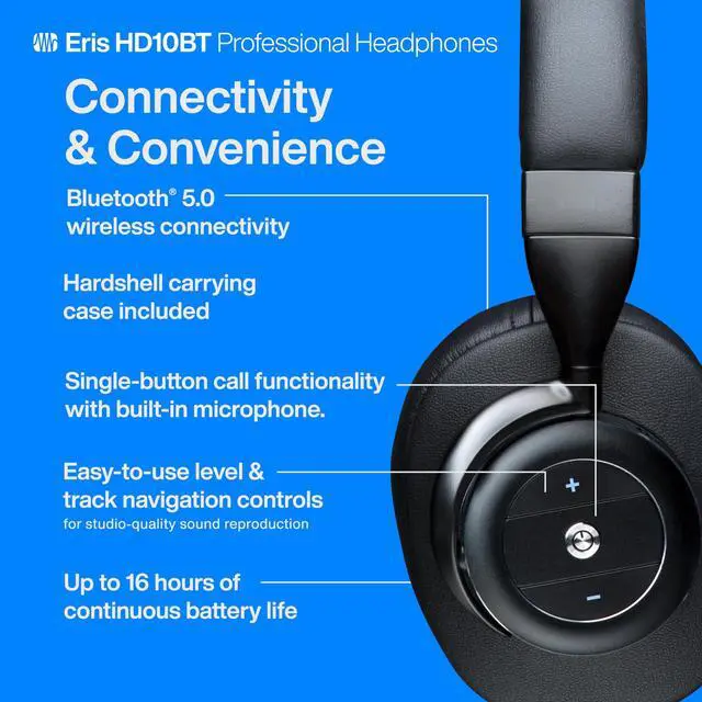 Alt view image 4 of 5 - PreSonus Eris HD10BT Professional Headphones with Active Noise Canceling and Bluetooth -- Closed-Back, Over-Ear Wireless ANC Studio Recording Headphones for Professional Mixing and Monitoring