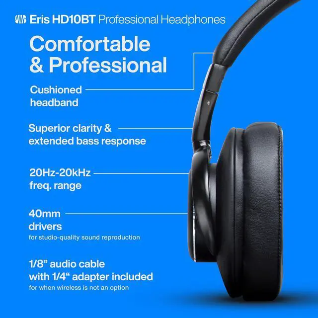 Alt view image 5 of 5 - PreSonus Eris HD10BT Professional Headphones with Active Noise Canceling and Bluetooth -- Closed-Back, Over-Ear Wireless ANC Studio Recording Headphones for Professional Mixing and Monitoring