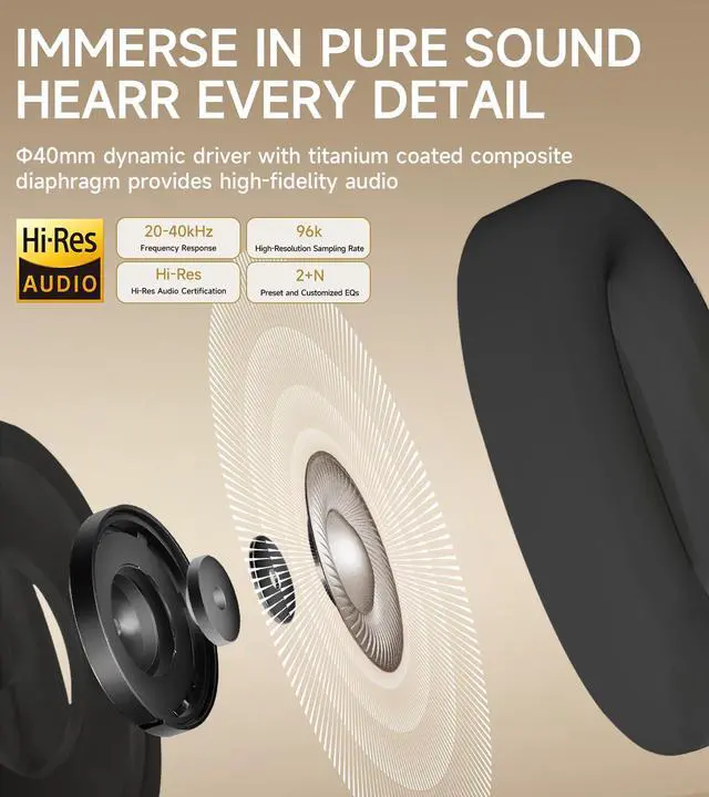 Alt view image 5 of 5 - Atom Max - Hybrid Active Noise Cancelling Headphones, Hi-Res Audio, Wireless Over-Ear, Lightweight and Foldable, Comfortable earpads, 45H Playtime and Speed Charge, Customize via an App, Black