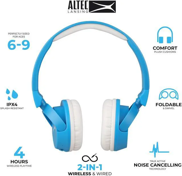 Alt view image 2 of 5 - Altec Lansing Kid Safe 2-in-1 Bluetooth and Wired Headphones, Noise Cancelling, Volume Control, Wireless, Foldable Design (Blue)