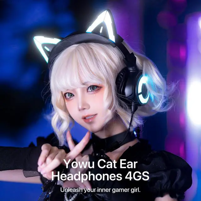 Alt view image 2 of 5 - YOWU Cat Ear Headphones 4GS - RGB Gaming Headset with Mic & 2.4G USB/Type C Dongle for PC/PS4/PS5/XBOX/Switch, Wired/Wireless Bluetooth Headphones(Black)