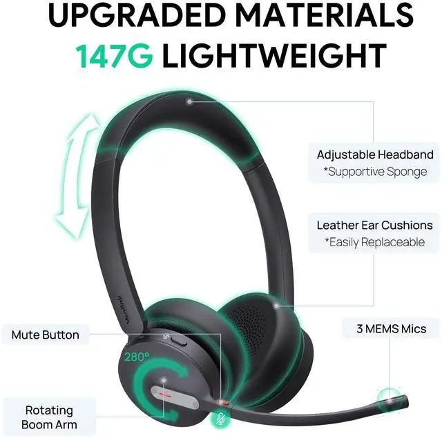 Alt view image 3 of 5 - Yealink BH70 Dual Wireless Headset with Mic for Work, Bluetooth Headphone with Teams Certification, up to 35h Talk Time, 147g All-Day Wearing Comfort, Perfect for Open Office Home Hybrid Work, USB-A