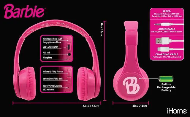 Alt view image 3 of 5 - eKids Barbie Bluetooth Headphones, Pink Wireless Headphones with Microphone Includes Aux Cord, Volume Reduced Kids Foldable Earphones for School, Home, or Travel