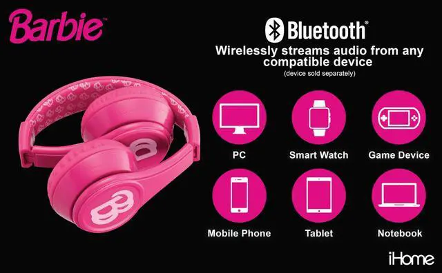 Alt view image 5 of 5 - eKids Barbie Bluetooth Headphones, Pink Wireless Headphones with Microphone Includes Aux Cord, Volume Reduced Kids Foldable Earphones for School, Home, or Travel