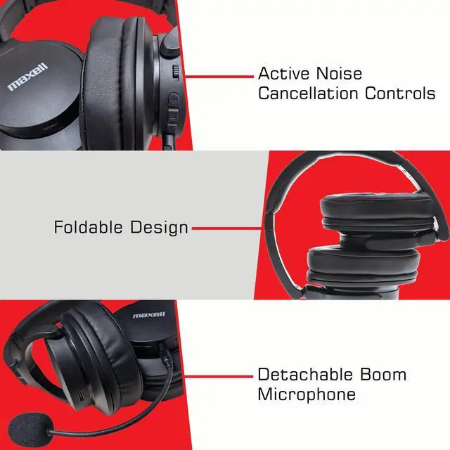 Alt view image 3 of 5 - Maxell Active Noise Cancellation Headphone Detachable Boom Mic & Built-in Mic - Immersive Sound with Bluetooth ANC Headphones, 20dB Noise Reduction, 40mm High-Fidelity Drivers, 10-Hour Playtime