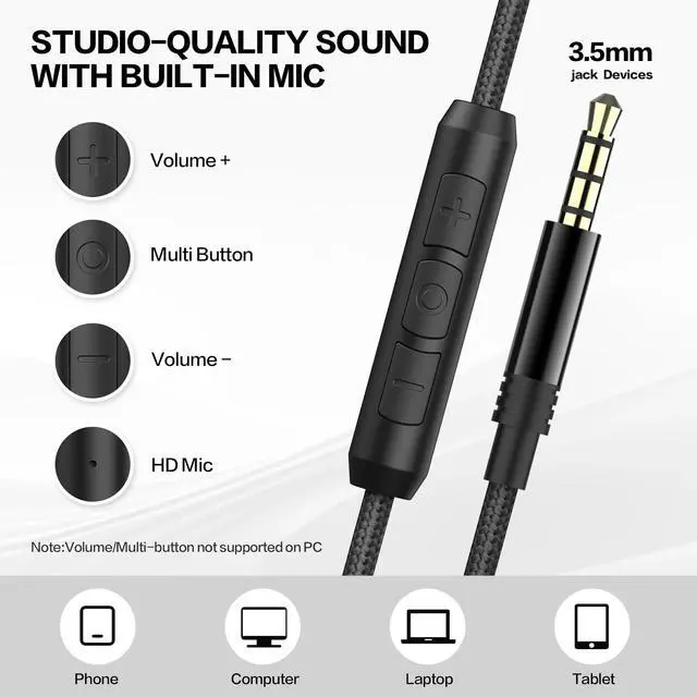 Alt view image 4 of 5 - Over Ear Headphones Wired with Microphone - Noise Isolating Corded Headphones with Protein Leather Ear Cushions for Teens Adults,Fordable Head phones with Golded 3.5 mm Jack for Laptop Computer Tablet