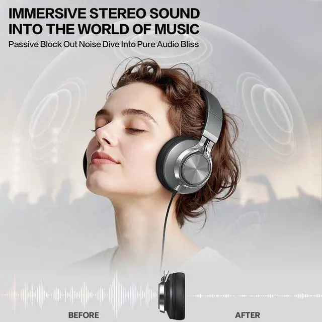 Alt view image 2 of 5 - Over Ear Headphones Wired with Microphone - Noise Isolating Corded Headphones with Protein Leather Ear Cushions for Teens Adults,Fordable Head phones with Golded 3.5 mm Jack for Laptop Computer Tablet