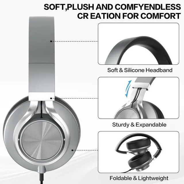Alt view image 5 of 5 - Over Ear Headphones Wired with Microphone - Noise Isolating Corded Headphones with Protein Leather Ear Cushions for Teens Adults,Fordable Head phones with Golded 3.5 mm Jack for Laptop Computer Tablet