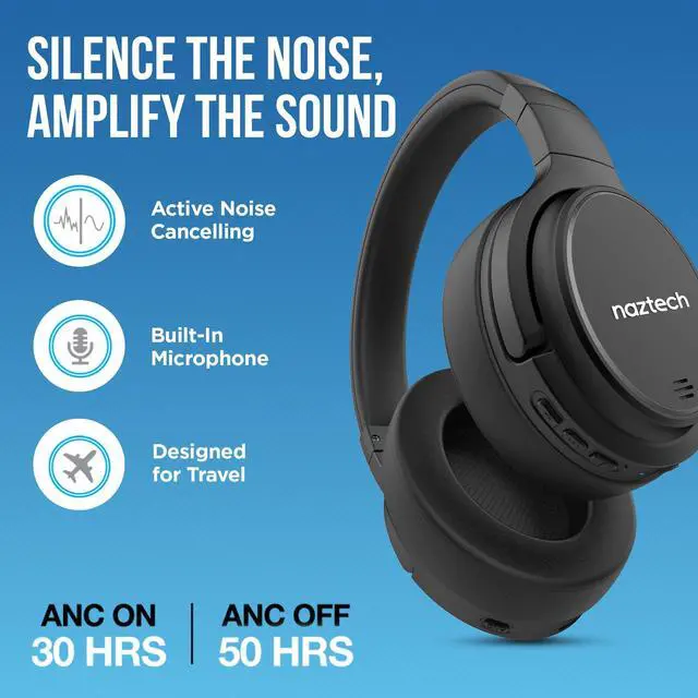 Alt view image 2 of 5 - Naztech Driver ANC 1000 Bluetooth Headphones - Active Noise Cancelling, Bluetooth Wireless Headphones with 4 Mics, Comfortable Over-Ear Design, Up to 50Hr Playtime for TV, Travel & More - Black
