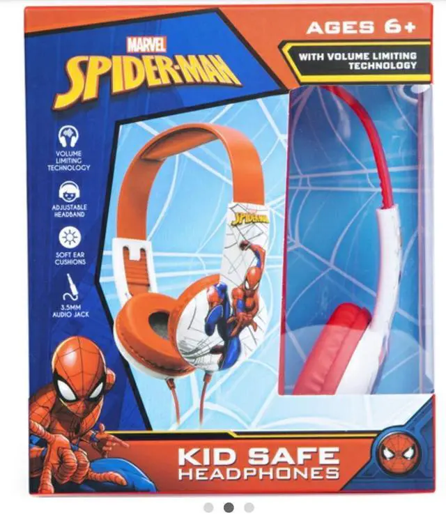 Main image of Spider Man Kid Safe Headphones for Toddlers (Small Headphones) Best for Ages 2 to 5 yrs Old Over The Ear Padded Cushions Flying on a Web Design