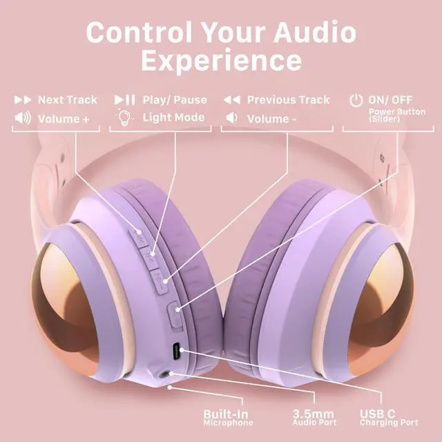 Alt view image 3 of 5 - FosPower Kids Bluetooth 5.2 Headphones with LED Cat Ears (85/94dB Volume Limit & 100H Play Time) Foldable Wireless/Wired Headset with 3.5mm Cable for School/Travel - Light Pink/Light Purple