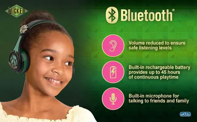 Alt view image 2 of 5 - eKids Wicked Elphaba Bluetooth Headphones, Wireless Headphones with Microphone Includes Aux Cord, Volume Reduced Kids Foldable Earphones for School, Home, or Travel