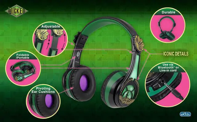 Alt view image 3 of 5 - eKids Wicked Elphaba Bluetooth Headphones, Wireless Headphones with Microphone Includes Aux Cord, Volume Reduced Kids Foldable Earphones for School, Home, or Travel