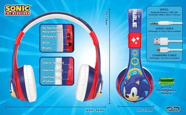 Alt view image 3 of 4 - eKids Sonic The Hedgehog Bluetooth Headphones for Kids, Wireless Headphones with Microphone Includes Aux Cord, Volume Reduced Kids Earphones for School, Home, or Travel