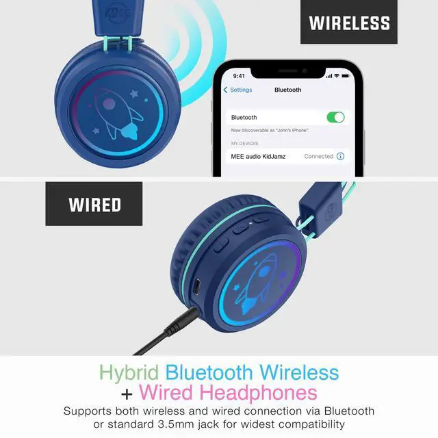 Alt view image 4 of 5 - MEE audio KidJamz KJ55BT Bluetooth Wireless Safe Listening Headphones for Children with LED Lights, 85dB Volume Limiter, Mic & 40h Battery (Blue)