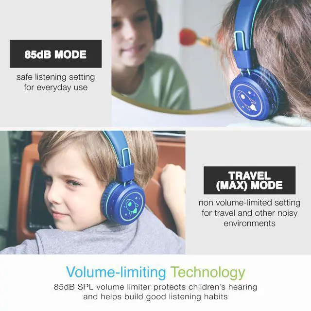 Alt view image 2 of 5 - MEE audio KidJamz KJ55BT Bluetooth Wireless Safe Listening Headphones for Children with LED Lights, 85dB Volume Limiter, Mic & 40h Battery (Blue)