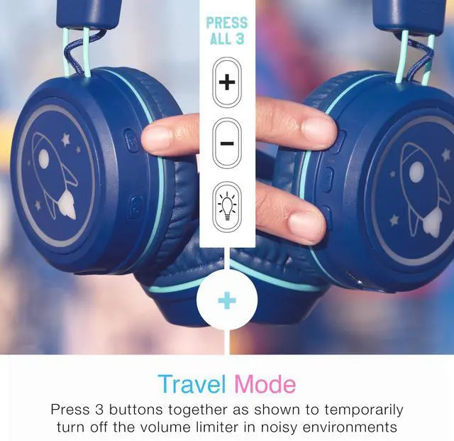Alt view image 3 of 5 - MEE audio KidJamz KJ55BT Bluetooth Wireless Safe Listening Headphones for Children with LED Lights, 85dB Volume Limiter, Mic & 40h Battery (Blue)