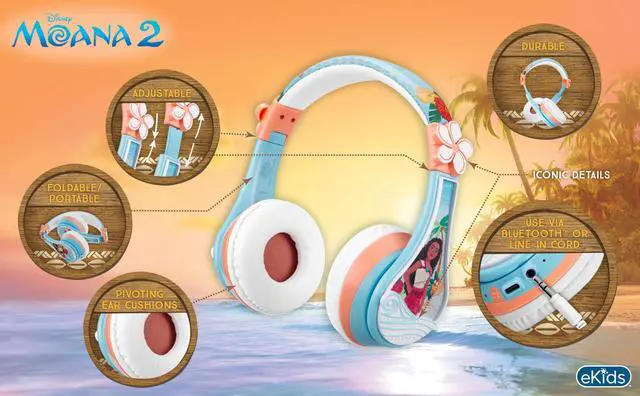 Alt view image 2 of 5 - eKids Moana Bluetooth Headphones for Kids, Wireless Headphones with Microphone Includes Aux Cord, Kids Earphones for School, Home, or Travel