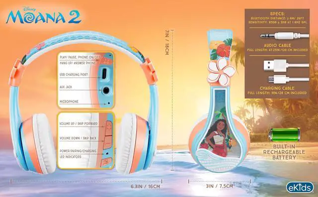 Alt view image 4 of 5 - eKids Moana Bluetooth Headphones for Kids, Wireless Headphones with Microphone Includes Aux Cord, Kids Earphones for School, Home, or Travel