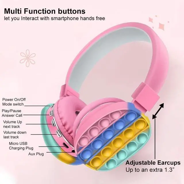 Alt view image 2 of 5 - Acuvar Wireless or Wired Bluetooth 5.2 Rechargeable Over The Ear Headphones with Silicone Fidget Pop Bubbles Microphone, Powerful Surround Stereo Bass and Passive Noise Cancelling (Pink)
