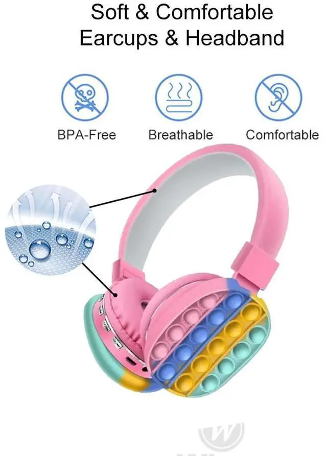 Alt view image 5 of 5 - Acuvar Wireless or Wired Bluetooth 5.2 Rechargeable Over The Ear Headphones with Silicone Fidget Pop Bubbles Microphone, Powerful Surround Stereo Bass and Passive Noise Cancelling (Pink)