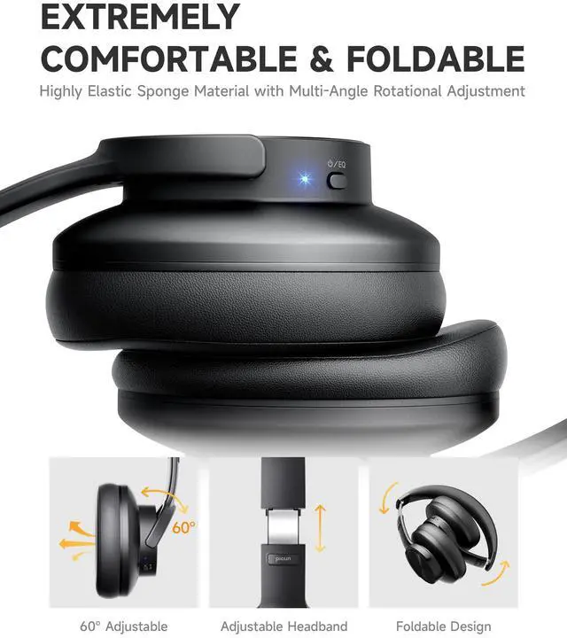 Alt view image 5 of 5 - Picun B8 Bluetooth Headphones, 120 Hours Playtime, 3 EQ Modes, Deep Bass, Over Ear, Black