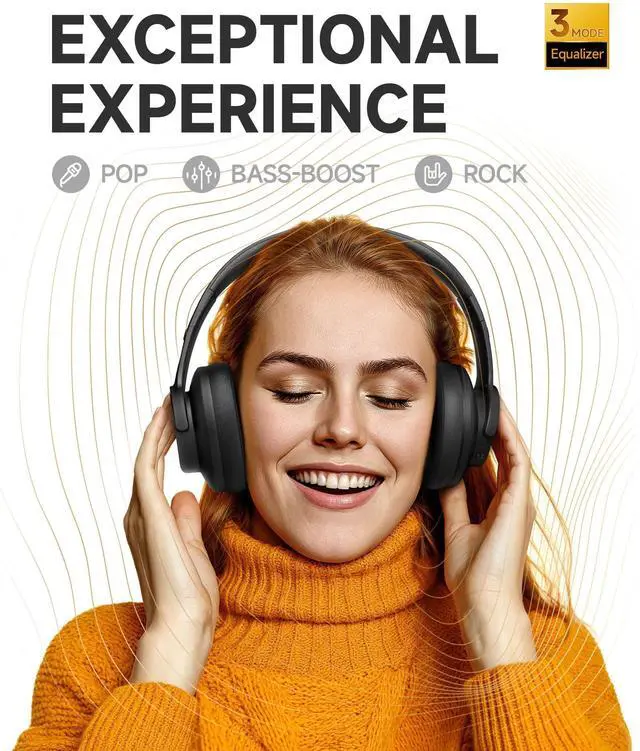 Alt view image 2 of 5 - Picun B8 Bluetooth Headphones, 120 Hours Playtime, 3 EQ Modes, Deep Bass, Over Ear, Black