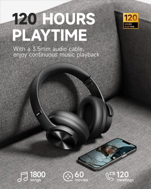 Alt view image 3 of 5 - Picun B8 Bluetooth Headphones, 120 Hours Playtime, 3 EQ Modes, Deep Bass, Over Ear, Black