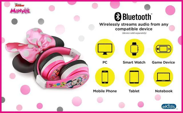 Alt view image 5 of 5 - eKids Minnie Mouse Kids Bluetooth Headphones, Wireless with Microphone Includes Aux Cord, Volume Reduced Foldable Headphones for School, Home, or Travel, Pink
