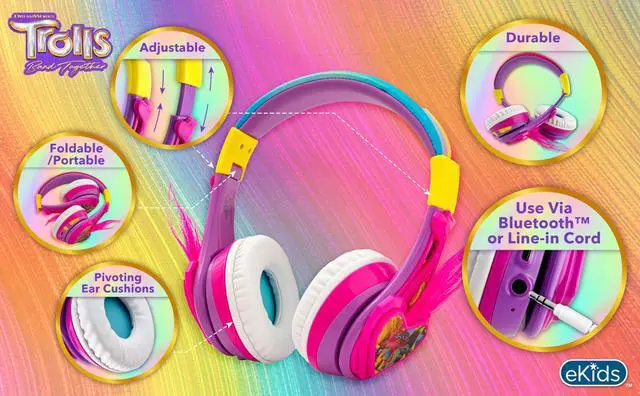 Alt view image 5 of 5 - eKids Trolls Band Together Bluetooth Headphones for Kids, Wireless Headphones with Microphone Includes Aux Cord, Volume Reduced Kids Foldable Earphones for School, Home, or Travel
