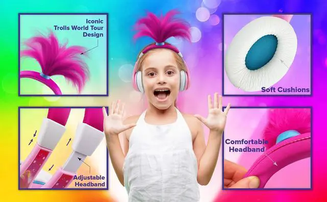Alt view image 3 of 5 - Trolls World Tour Poppy Kids Glow in The Dark Stereo Sound Wired Headphones for Kids - Tangle-Free, Volume Control, Over Ear for School, Home, Travel