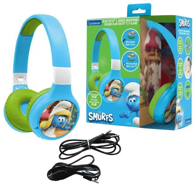 Main image of Lexibook, The Smurfs, 2-in-1 Bluetooth & Wired Headphones with Microphone and Control Buttons, Foldable and Adjustable, Long-Lasting Rechargeable Battery, Blue/Green, HPBT010SF