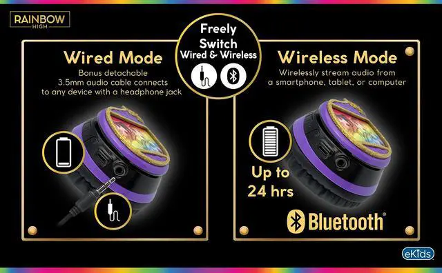 Alt view image 5 of 5 - eKids Rainbow High Kids Bluetooth Headphones, Wireless Headphones with Microphone Includes Aux Cord, Volume Reduced Kids Foldable Earphones for School, Home, or Travel