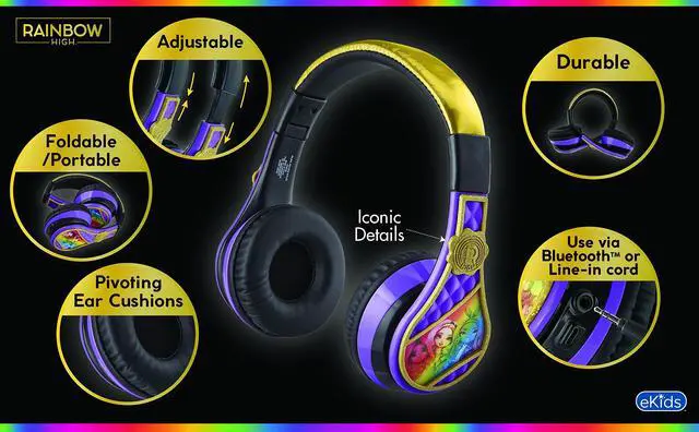 Alt view image 4 of 5 - eKids Rainbow High Kids Bluetooth Headphones, Wireless Headphones with Microphone Includes Aux Cord, Volume Reduced Kids Foldable Earphones for School, Home, or Travel