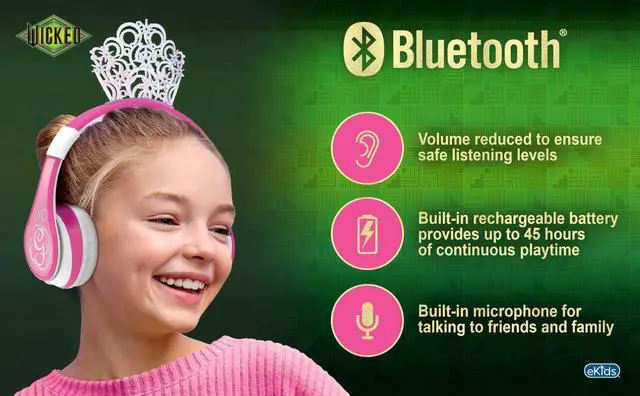 Alt view image 2 of 5 - eKids Wicked Glinda Bluetooth Headphones, Wireless Headphones with Microphone Includes Aux Cord, Volume Reduced Kids Foldable Earphones for School, Home, or Travel