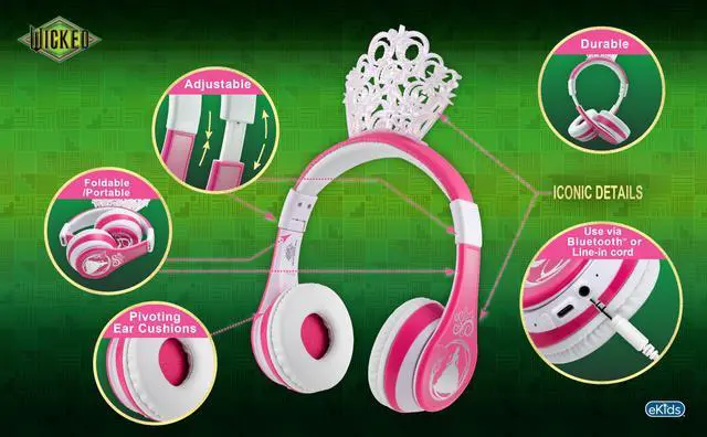 Alt view image 3 of 5 - eKids Wicked Glinda Bluetooth Headphones, Wireless Headphones with Microphone Includes Aux Cord, Volume Reduced Kids Foldable Earphones for School, Home, or Travel